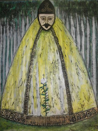 José Martí travestido en La Caridad del Cobre, con rosa blanca. Michel Blázquez