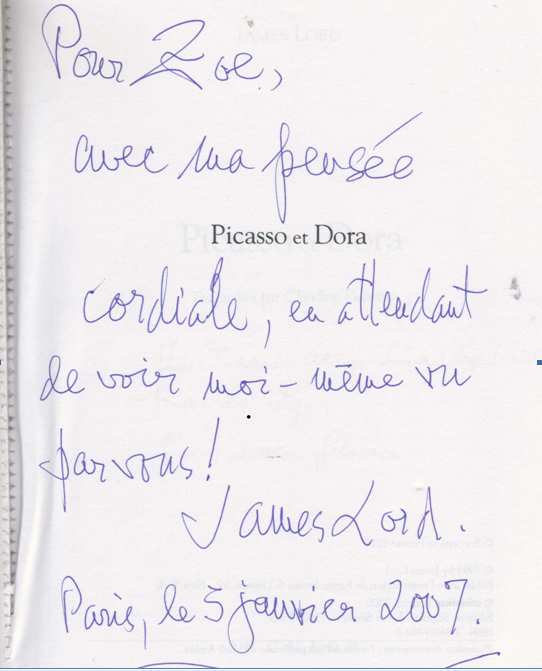 Dedicatoria de James Lord en su libro Dora y Picasso